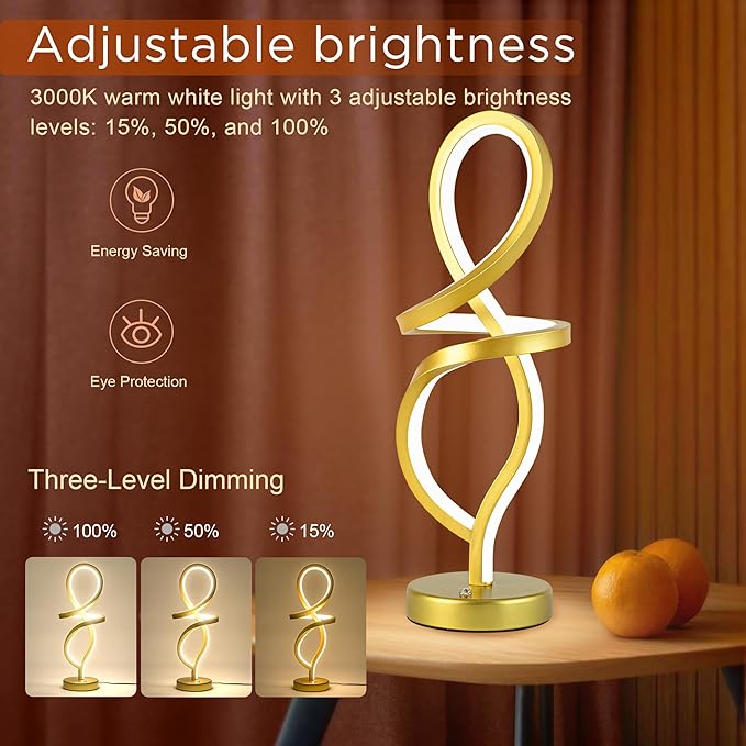 Mayful Modern RGB Table Lamp with LED Spiral Design, Gold Bedside Lamp & Nightstand Lamp, Touch Dimmable with 7 Colors & 10 Modes for Bedroom, Living Room, Home Office, 15W