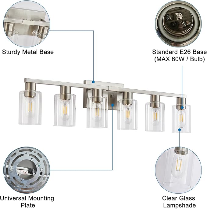 6 Light Bathroom Light Fixtures, Bathroom Vanity Light with Clear Glass, Brushed Nickel Bathroom Lighting Fixtures over Mirror, Large Vanity Lights for Bathroom, Vanity Lights for Mirror, Wall Sconce