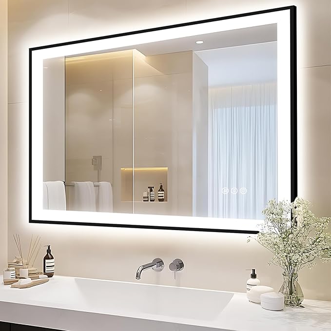 44x36 LED Light Mirror for Bathroom - Black Framed Mirror (Front and Backlit), Anti-Fog Bathroom Vanity Mirror, Stepless Dimmable Lighted Mirror, Tempered Glass, Memory (Horizontal/Vertical)
