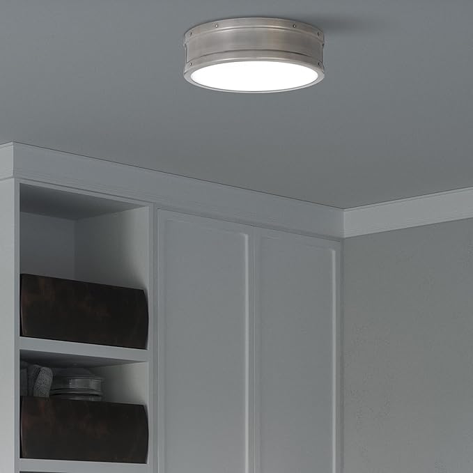 Quoizel Ahoy Round Flush Mount Ceiling Light, 13 Inch Antique Polished Nickel Drum Light with Metal Shade, 25 W LED, 1700 Lumens, Close to Ceiling Light Fixtures for Home, Kitchen or Office Lighting