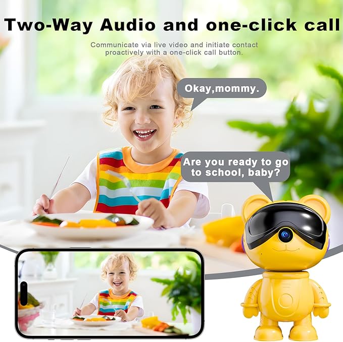 dzcctvipc-Cute Bear-2K Smart-Robot Security-Camera Wireless - Nanny & Pet Motion Monitor with Mobile App,Baby Cry Detection Alarm,5G Dual-Band,Pan-Tilt,Full HD Night Vision,24/7 Recording,2-Way Audio
