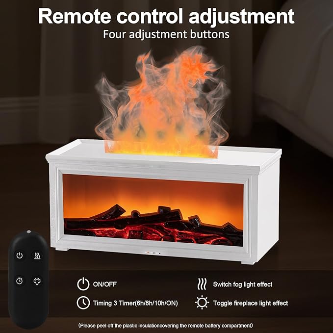 Fireplace Essential Oil Diffuser Humidifier - Ultrasonic Aroma Diffuser with 7-Color Flame Effect, Remote Control & Auto-Off Timer for Bedroom, Home Office,Yoga(White)