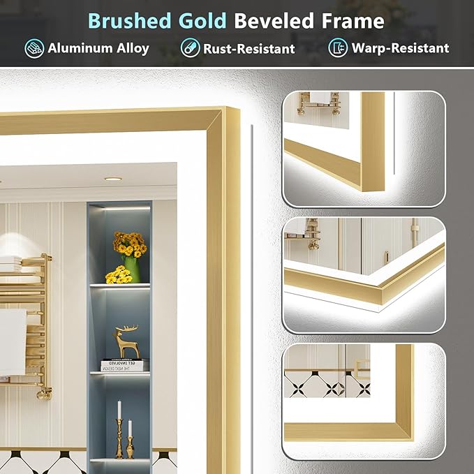 88x38 Gold Beveled LED Bathroom Mirror with Lights, Brushed Gold Framed Backlit and Front Lit Anti-Fog Lighted Vanity Mirrors for Bathroom Wall, Dimmable, 3 Colors, Memory, HD Tempered Glass