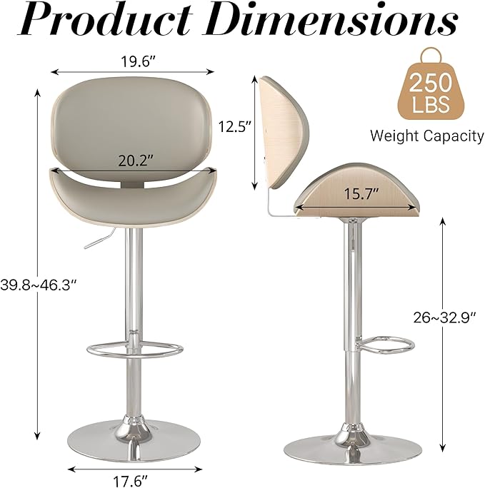 Adjustable Swivel Bar Stools 1 PC, Modern Bentwood Barstool with Large Metal Base and Footrest, PU Leather Upholstered Bar Chair with Curved Back for Kitchen Island Dining Room, Gray