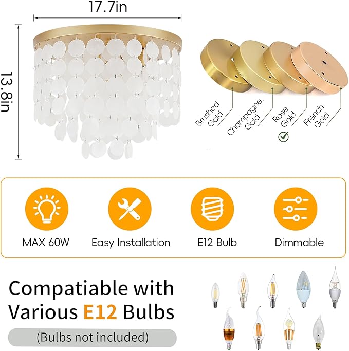 17.72" Capiz Shell Ceiling Light Fixtures, 5 Light Boho Shells Flush Mount Ceiling Light for Bedroom, Hallway, Entryway, Bathroom, Brushed Brass