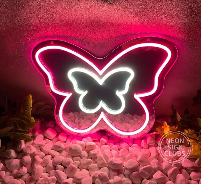 LED Mirror Neon Lights Light Up Dressing Mirror Cat/Shine Heart/Bat/Butterfly Shape Neon Mirror Sign for Modern Home Girl Room Bathroom Salon Wall Art Decor Gift For Girlfriend USB Powered