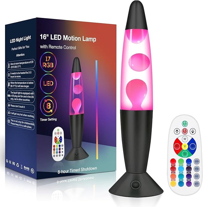 17 LED Colors Changing Magma Motion Lamp, 16" Black Liquid Light for Living Room Office Bedroom, Remote Night Light for Kids Adults, Bedside Table Lamp for Christmas Valentine's Day Gift (Pink Wax)