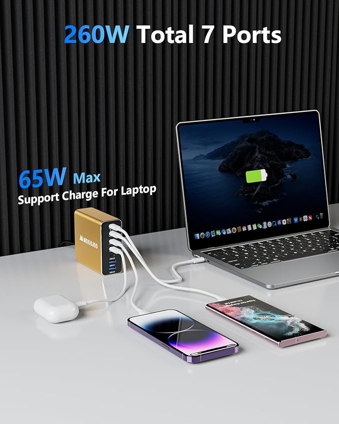 Aluminum Alloy USB C Charger 260W GaN Fast USB C Charging Station 7 Ports 65W Laptop Charger for MacBook Pro/Air/iPad Pro/iPhone (Gold)