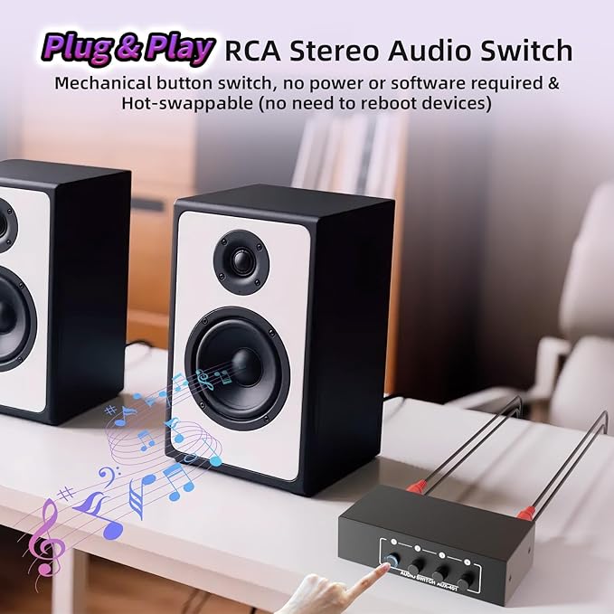 3.5mm Aux + RCA L/R Audio Switch Box 4 in 1 Out Bidirectional, BolAAzuL Stereo Audio Switcher Selector 4X1 Passive a/b Analog Audio Selector No Power Need