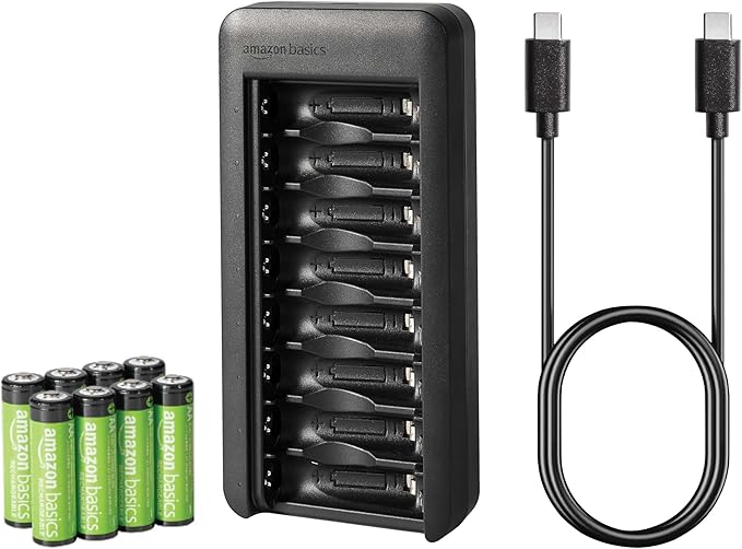 Amazon Basics Rechargeable AA NiMh Batteries with 8-Bay Battery Charger, USB-C Port, No AC Power Adapter, 8 Count (Pack of 1), Black