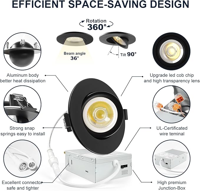 6 Pack Black 4-inch 5 CCT Gimbal LED Recessed/Downlight Color Selectable 2700K/3000K/3500K/4000K/5000K 800Lm 9W 120V Dimness Adjustable LED Lights
