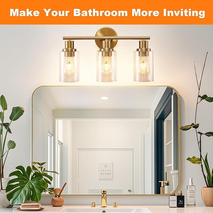 DLLT 3-Light Bathroom Light Fixtures: Gold Modern Vanity Wall Lights with E26 Bulbs - Clear Glass Shade Bathroom Wall Lamp for Mirror Kitchen Living Room Hallway Cabinet Porch
