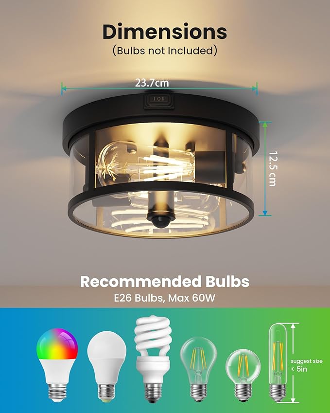 Outdoor Ceiling Light with Motion Sensor 9.3in - Porch Lights Outdoor, E26 Base, Flush Mount, 360° Detection, 3 Modes (Auto/Dusk to Dawn/Always-on), Farmhouse Ceiling Light for Porch, Entryway