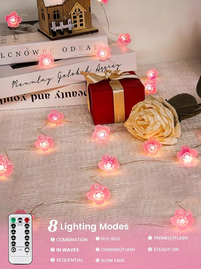 Cherry Blossom Flower String Lights for Bedroom, Pink Fairy Lights Battery Operated with Remote & 8 Modes & Timer, 10ft 30 LED Waterproof String Light Indoor Outdoor for Wedding Home Christmas Decor