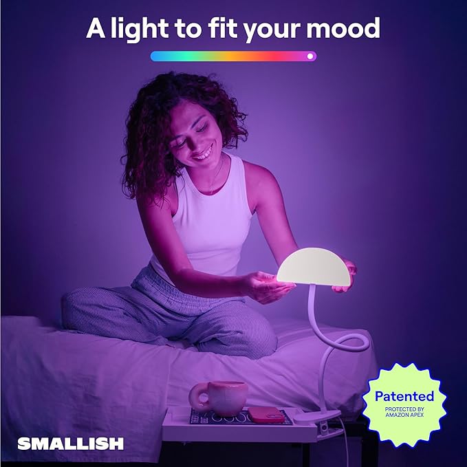 Shroommate Clip On Light and Bed Headboard Lamp, Bedside Table Lamp for Dorm, College Dorm Room Essentials, Night Light for Kids Nursery, Clip on for Desk, MultiColor LEDs, Adapter Included (White)
