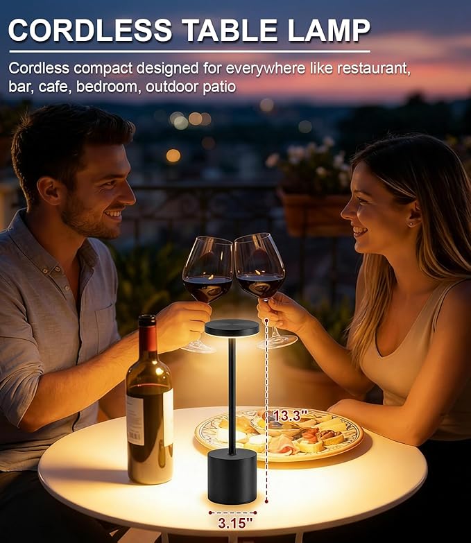 Cordless Table Lamp Set of 2, Rechargeable 5000mAh Battery Operated Outdoor Table Lamps, Portable LED Desk Lamp, 3 Color Dimmable Table Light for Restaurant, Patio, Bedroom, Bedside Night Lamp(Black)