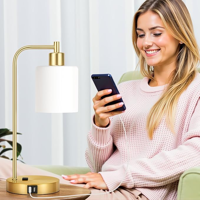 Set of 2 Industrial Touch Control Table Lamps with 2 USB Ports and AC Outlet - 3-Way Dimmable Gold Bedside Lamps Nightstand Desk Lamps for Bedroom Living Room, Opal Glass Shade & 2 LED Bulbs Included