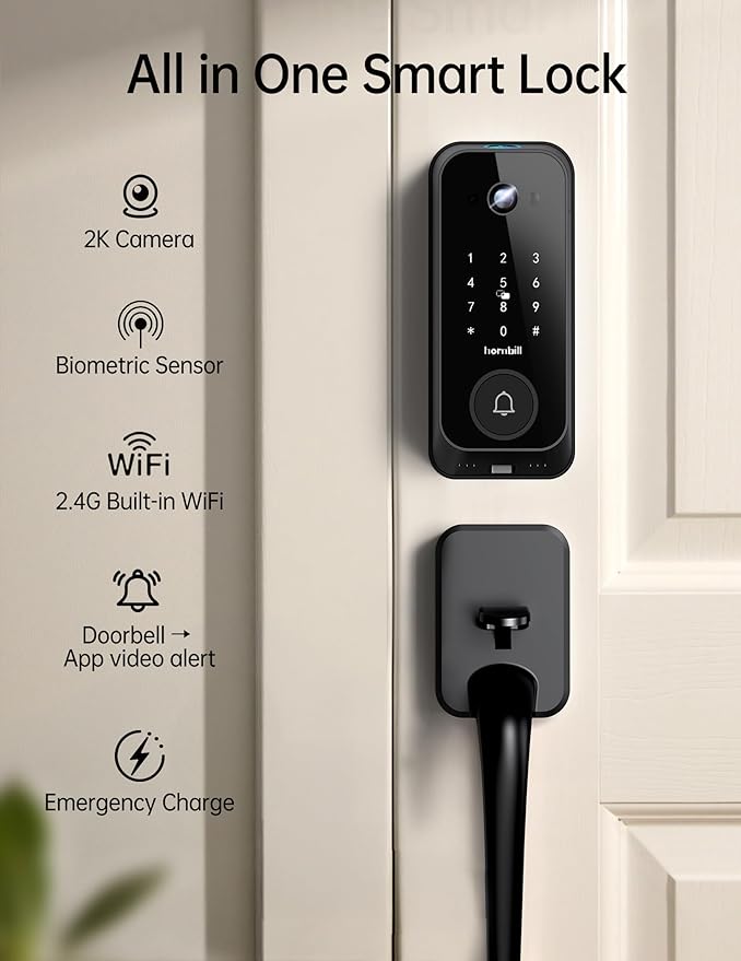 Video Smart Lock with Camera: 4-in-1 Ring+2K Camera+Doorbell+Fingerprint Hornbill Keyless Entry Door Lock, Built-in WiFi Deadbolt(only 2.4G), Two-Way Audio/App Remote Control/PIR, No Monthly Fee