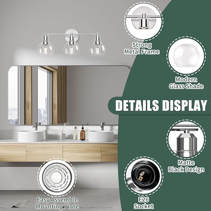 Espird 3 Lights Bathroom Vanity Light Fixtures Chrome, Bathroom Lights Over Mirror, Industrial and Farmhouse 3 Light Wall Sconce, Polished Chrome Globe Vanity Lighting Fixtures