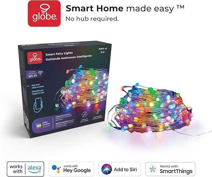 Globe Electric 50597 Wi-Fi Smart Multicolor Changing RGB LED Music Sync Plug-in Fairy Lights, No Hub Required, Voice Activated, 10 Meters/32.8 Feet, IP65 Rated, Indoor, Outdoor