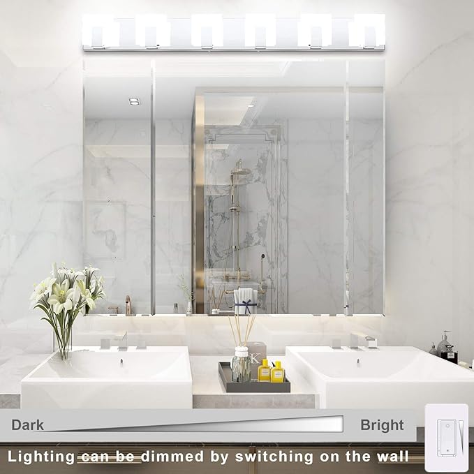 Aipsun 6 Lights Dimmable Modern LED Bathroom Vanity Light Acrylic Stainless Steel Chrome Up and Down Bathroom Wall Light Over Mirror(White Light 6000K)