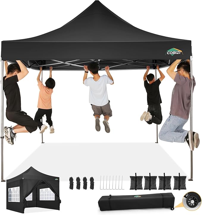 COBIZI 10x10 Pop Up Canopy Tent with 4 sidewalls Commercial Heavy Duty Canopy UPF 50+ All Weather Waterproof Outdoor Canopy Wedding Tents for Parties Gazebo with Roller Bag, Black (Windproof Upgraded)