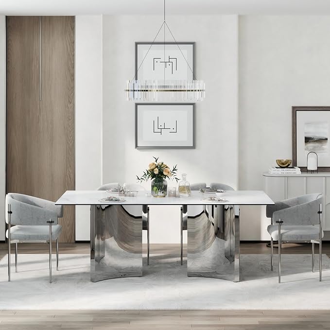 Asday 78-Inch Sintered Stone Rectangular Dining Table, Large Kitchen Table with Chrome Triangle Stainless Steel Double Pedestal for Living Room, Kitchen, Dining Room, White and Silver