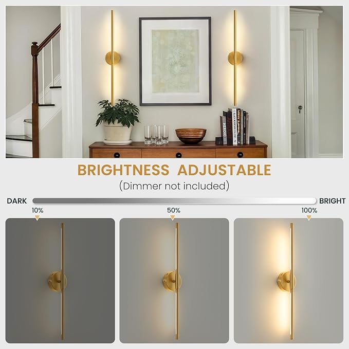 Lightania Wall Sconces Set of Two, 28'' Modern Gold LED Wall Lights, 360° Rotatable, 2700K-5000K Adjustable, Hardwired 3CCT Dimmable Wall Sconce Light Fixture for Living Room Bedroom Hallway, ETL