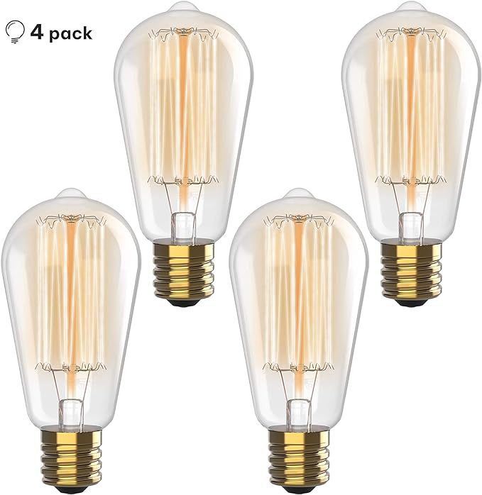 HUDSON BULB CO. Vintage Incandescent Edison Light Bulbs 60W (4 Pack)- E26/E27 Base 2100K Dimmable Decorative Lightbulbs for Outdoor and Indoor - ST64 Style Warm Light - Antique Squirrel Filament