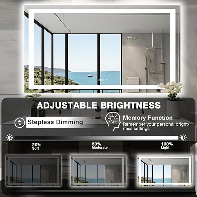 60"x36" LED Mirror for Bathroom, Front and Backlit, Anti-Fog Bathroom Mirror with Lights, Stepless Dimmable Lighted Mirror, 3 Colors Smart Mirror (Horizontal/Vertical)