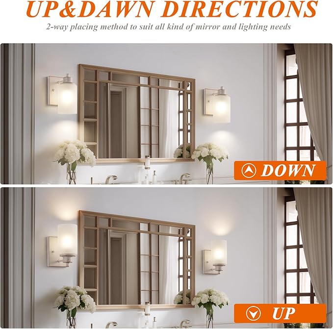 2 Pack Bath Vanity Light Fixture, Modern Indoor Wall Scone Lighting with Opal White Glass Shade, White Gold Wall Lamps