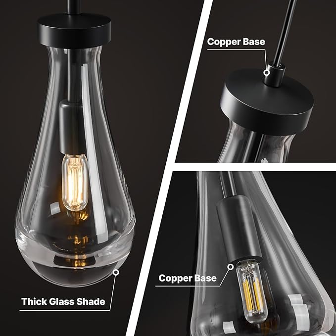 Raindrop Pendant Lights Kitchen Island: 2-Lights Black Crystal Teardrop Adjustable Height Pendant Light Fixtures over Dining Table - Modern Glass Rain Drop Ceiling Chandelier Bedroom Bathroom Lighting