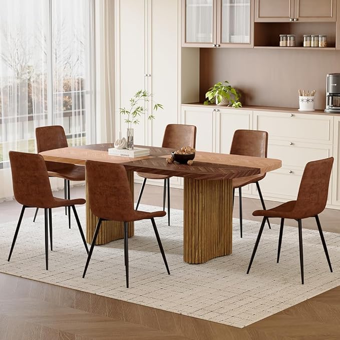 79" Large Dining Table Set for 6, Modern Farmhouse Dining Room Table Set with 1.7" Thick Two-Tone Wood Top, Sculpted Wave Legs & 6 Suede Upholstered Chairs, Wooden Kitchen Table Set for Living Room