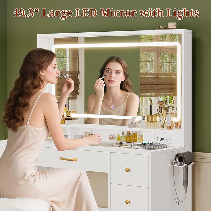 49.3“Large LED Mirror with Lights,Makeup Vanity Desk with 6 Drawers,Power Outlet,Glass Tabletop,Storage Shelf,Rolling Makeup Cart,Hairdryer Rack White