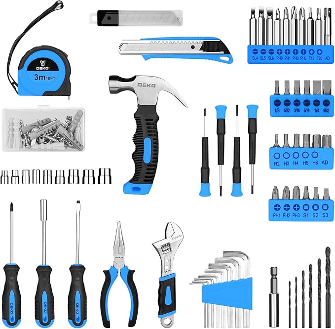 DEKOPRO Drill Set: Tool Set with 8V Blue Cordless Drill, Home Tool Kit with Drill, Hand Tool Kits for Men & Women 126 Piece