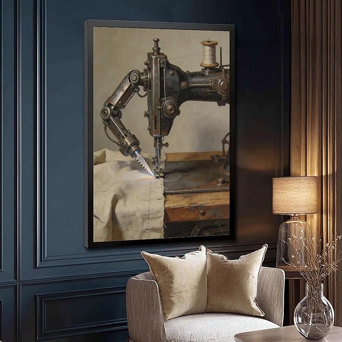 Framed Steampunk Mechanical Sewing Machine Wall Art - Retro Industrial Workshop Poster for Home Office Studio Decor 24x36in