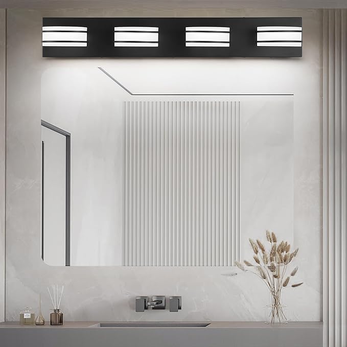 3 Color Temperature Dimmable Bathroom Light Fixtures Over Mirror, LED Black 4 Light Vanity Lighting Fixtures, Acrylic Stainless Steel Oval Shade Vanity Lights for Bathroom, ETL Certificated