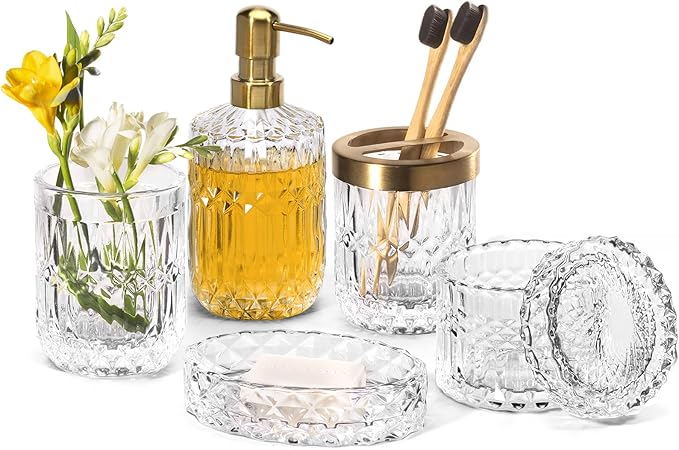 EMPO 6PCS Bathroom Clear Glass Accessories Set (Lotion Soap Dispenser, Soap Dish, Toothbrush Holder, Tumbler, Cotton Swab Jar), Contemporary Modern Decor Crystal Vintage Gift (6pcs Clear)