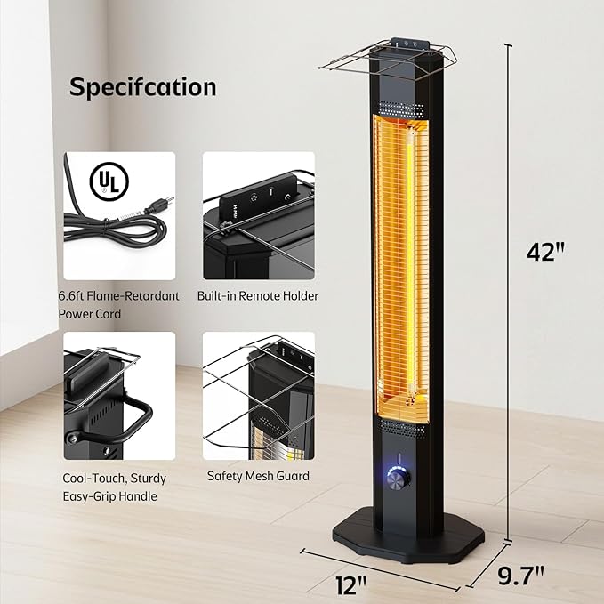 Outdoor Electric Patio Heater, 42-inch 1500W Infrared Tower Heater with 9 Heat Settings & 9H Timer, IPX5 Waterproof, Safety Lock, Tip-Over & Overheat Protection Space Heater for Indoor & Outdoor Use