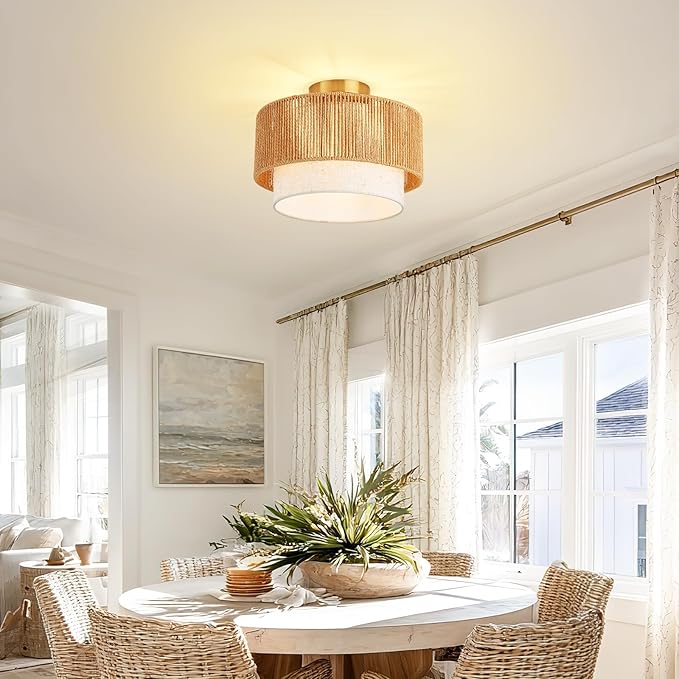 12.6" Drum Flush Mount Ceiling Light Hallway Light Fixtures with Rattan Shade,1-Light Semi Flush Light Fixture Ceiling Mount for Kitchen, Bedroom, Bathroom, Living Room