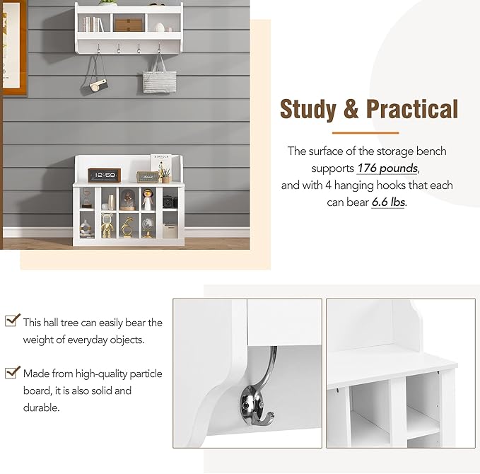 AMNOOL Modern Hall Tree with Shelves and 4 Hooks with Wall Mounted Coat Rack Shoe Storage Bench with Ten Storage Compartments Adjustable Shelves for Hallway, Foyer, Mud Room (White)