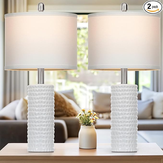 24.5" Modern Ceramic Table Lamps for Living Room ，Farmhouse Nightstand Lamps Set of 2 with White Linen Shade Office Reading Lamp ，Bedroom Lamps for Bedside End Table, Bedroom, Living Room, White