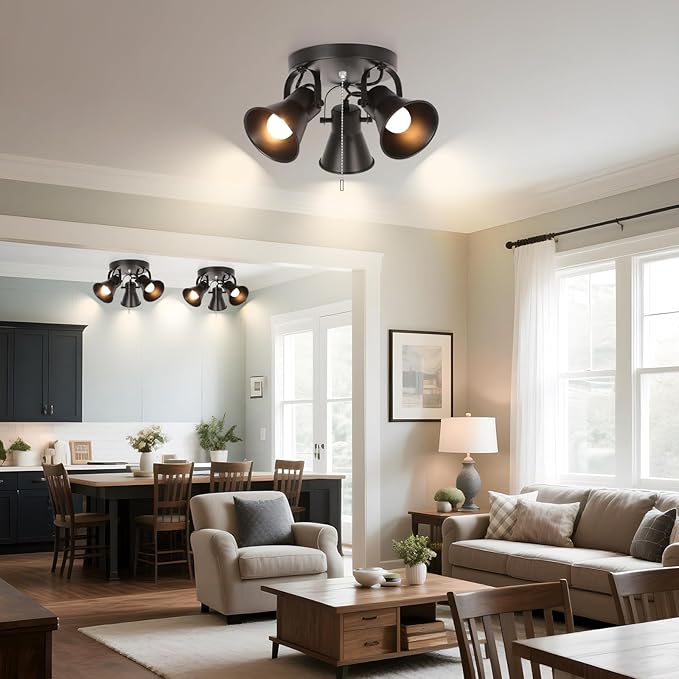 KEESFU Adjustable 3-Light Track Lighting with Pull Chain Switch, Modern Round Ceiling Lamp for Kitchen Hallway Bathroom, Directional Flush Mount Fixture for Dining Room Bedroom Office.
