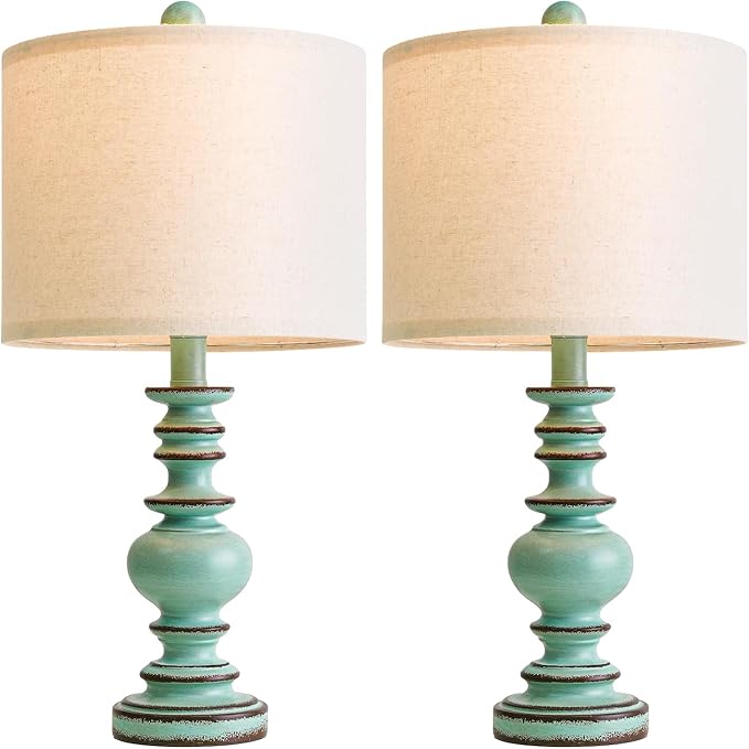 BOBOMOMO 20" Distressed Teal Bedside Lamps Set of 2, Hand-Painted Vintage Resin Lamps with Linen Shades, Cottage Farmhouse Lamp for Living Room, Bedroom, and Hallway, Space-Saving Accent Lamps