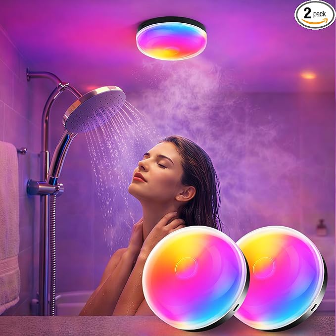 Loscarol Rechargeable Shower Lights with Remote, 15 RGBW Color Changeable Shower Lamp Waterproof, Dimmable ＆Timer Ceiling Light, Wireless LED Mood Lighting for Bathroom, Closet (Black, 2 Pack)