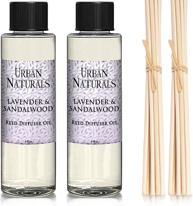 Urban Naturals Lavender & Sandalwood Scented Oil Reed Diffuser Refill and Reed Sticks, 4 oz (2 Pack)