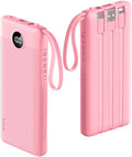 VRURC Portable Phone Charger, Travel Portable Charger with 4 Cables, 5 Outputs 2 Inputs Slim USB C Power Bank, Built-in Cables Cords for iPhone 17 16 15 14 13,Samsung,Android-Barbie Pink(1 Pack)