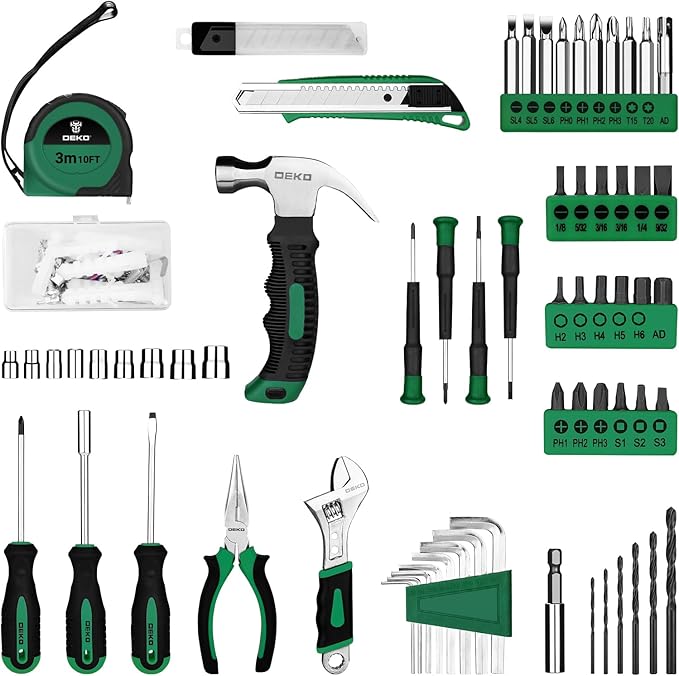 Tool Kit: 8V Cordless Drill, Home Toolbox with storage case, Hand Tool set for Home Repairs 126 Piece, Green