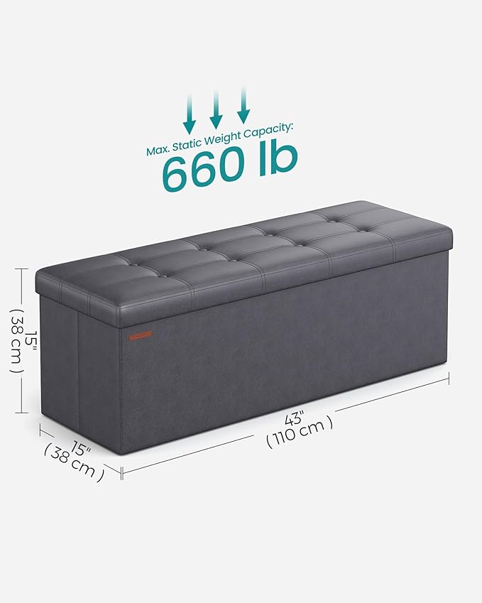 SONGMICS Mazie Collection - 43 Inches Folding Storage Ottoman Bench, Ottoman with Storage, Foot Rest Stool, Load 660 lb, for Living Room, Synthetic Leather, Dark Gray ULSF070G01