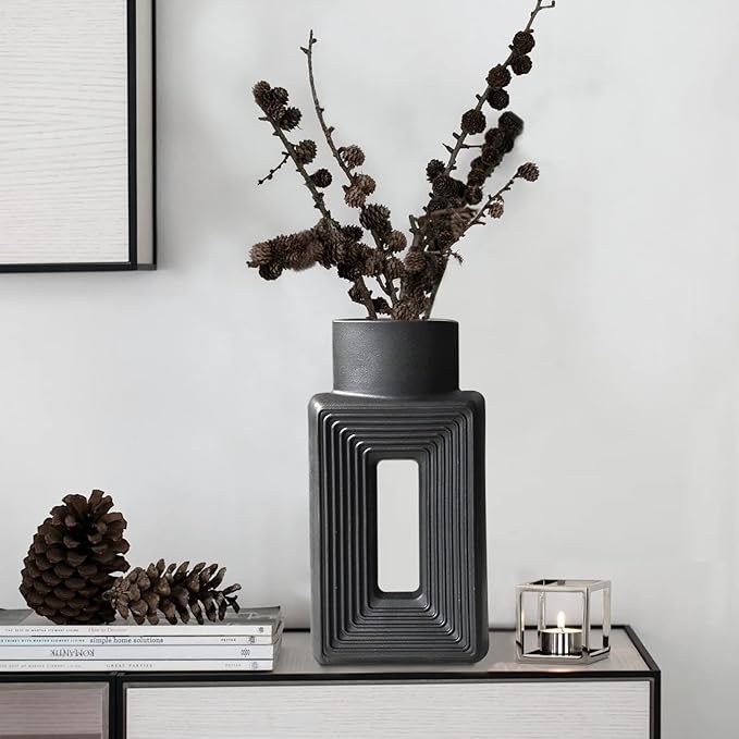 Black Ceramic Vase Set of 2，Square Vase Rustic Home Decor Minimalist Nordic Boho Style for Living Room, Shelf, Table, Bookshelf, Mantel and Entryway Decor Vases